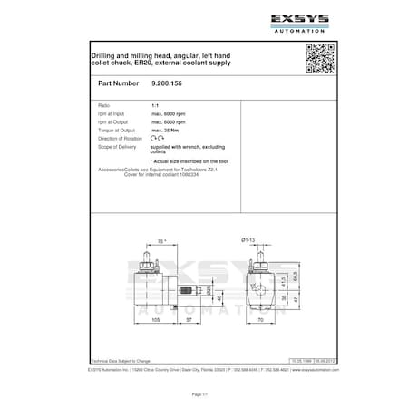 Eppinger VDI25, Drilling and milling head, angular, left hand collet chuck, ER20, external coolant supply 9.200.156